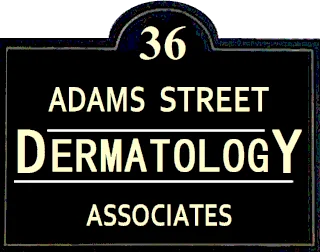 The brass-lettered sign at 36 Adams Street reading Adams Street Dermatology Associates